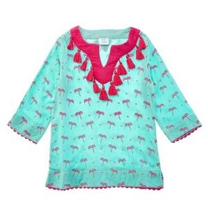 MER ST BARTH Kids Sz 6 Teal Tunic Top with Pink Flamingo Print and Pink Tassels